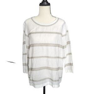 J Jill Love Linen Cross Stitch Casual Top White Sage Brush Size M